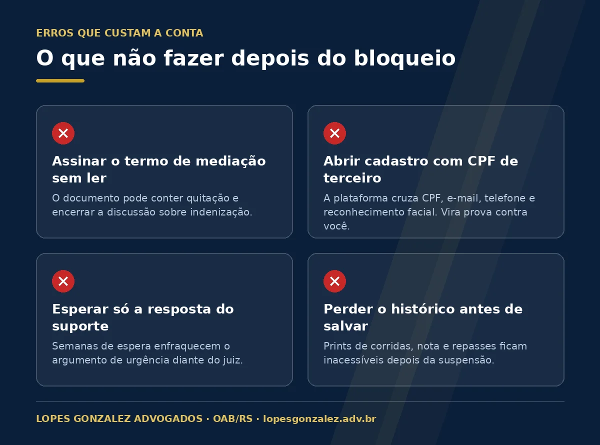 Quatro erros que custam a conta depois de um bloqueio na 99, incluindo assinar o termo de mediação sem ler e abrir cadastro com CPF de terceiro