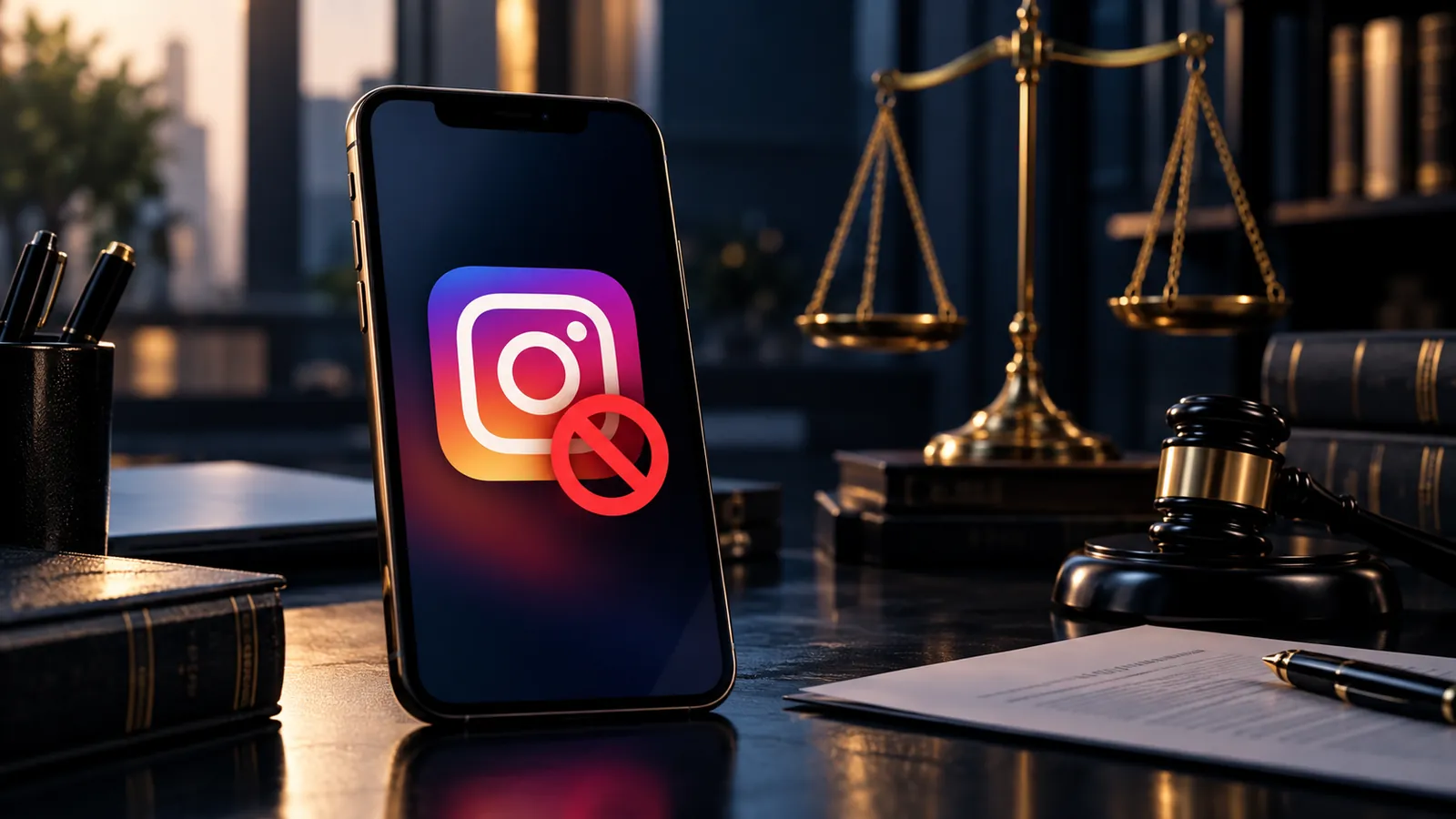 Celular com conta do Instagram bloqueada ao lado de elementos jurídicos
