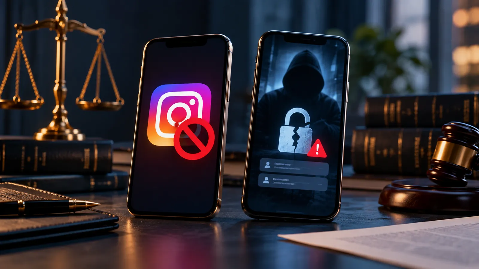 Comparação visual entre Instagram bloqueado pela plataforma e conta invadida por hacker