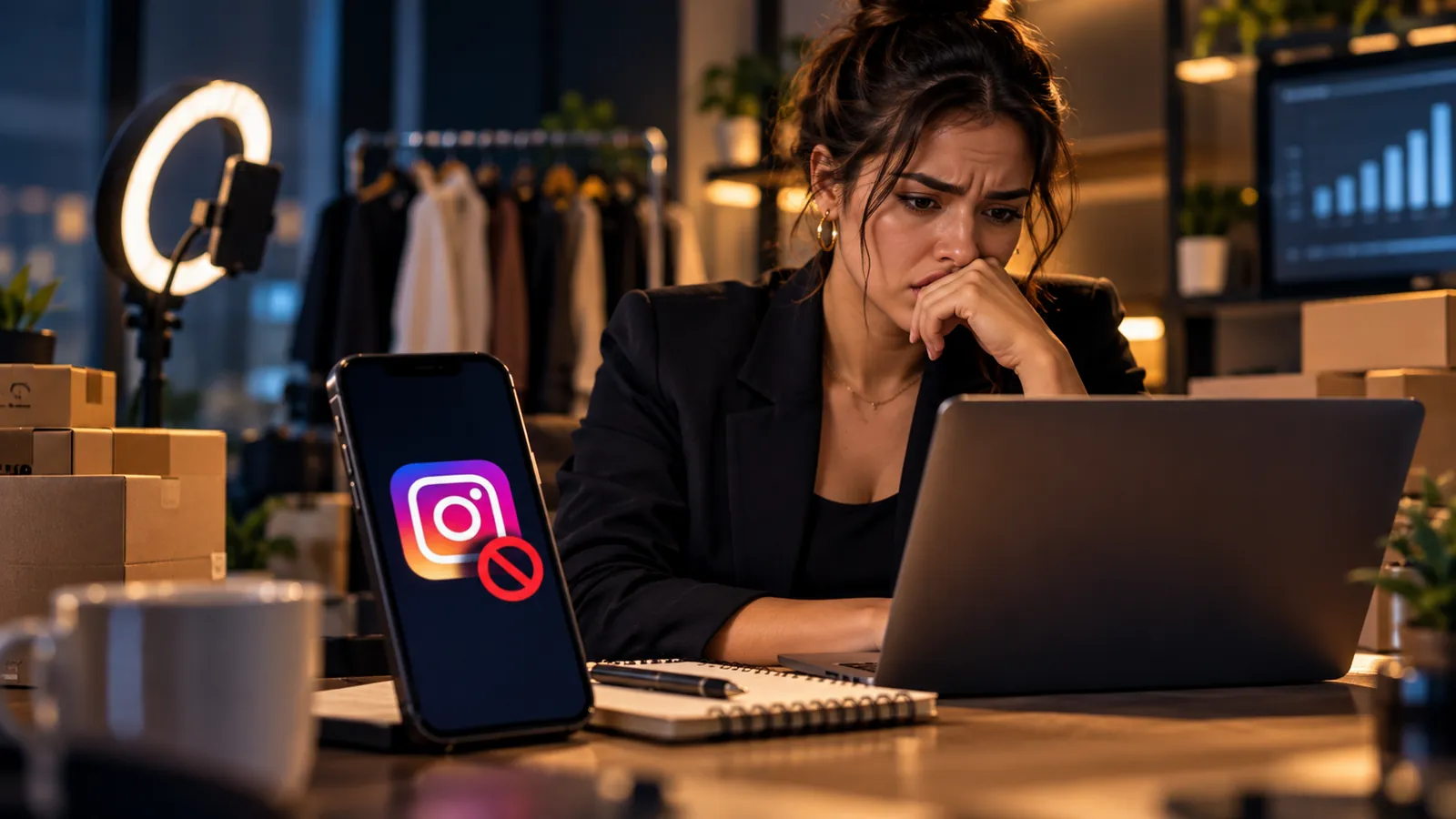 Profissional preocupada com Instagram comercial bloqueado em seu ambiente de trabalho