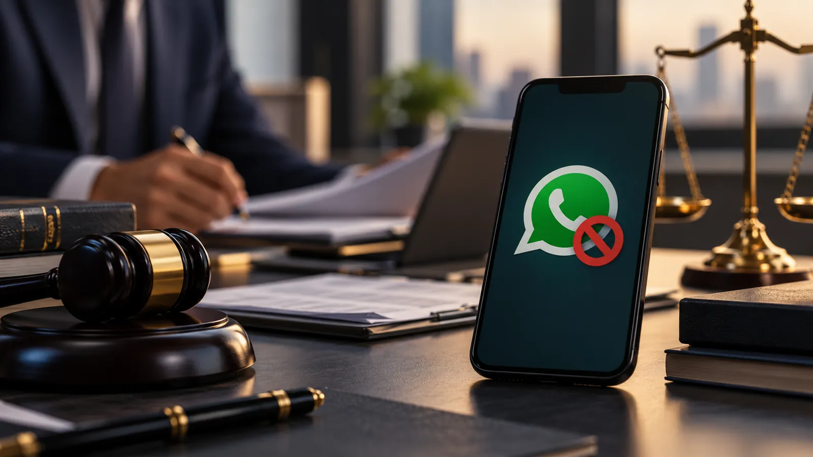 Celular com WhatsApp bloqueado ao lado de documentos jurídicos e balança da Justiça