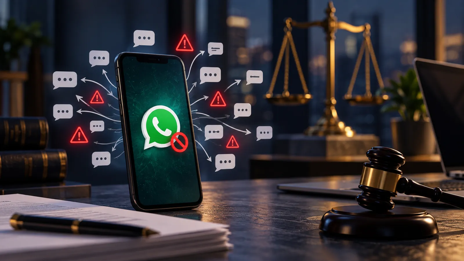 WhatsApp bloqueado após mensagens em massa e alertas de spam em ambiente jurídico