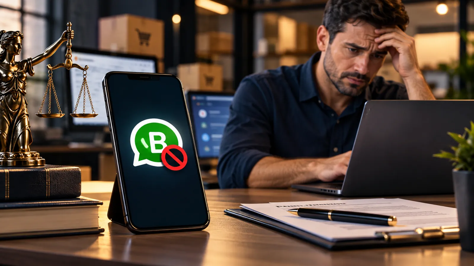 Empresário preocupado com WhatsApp Business bloqueado em um celular no escritório